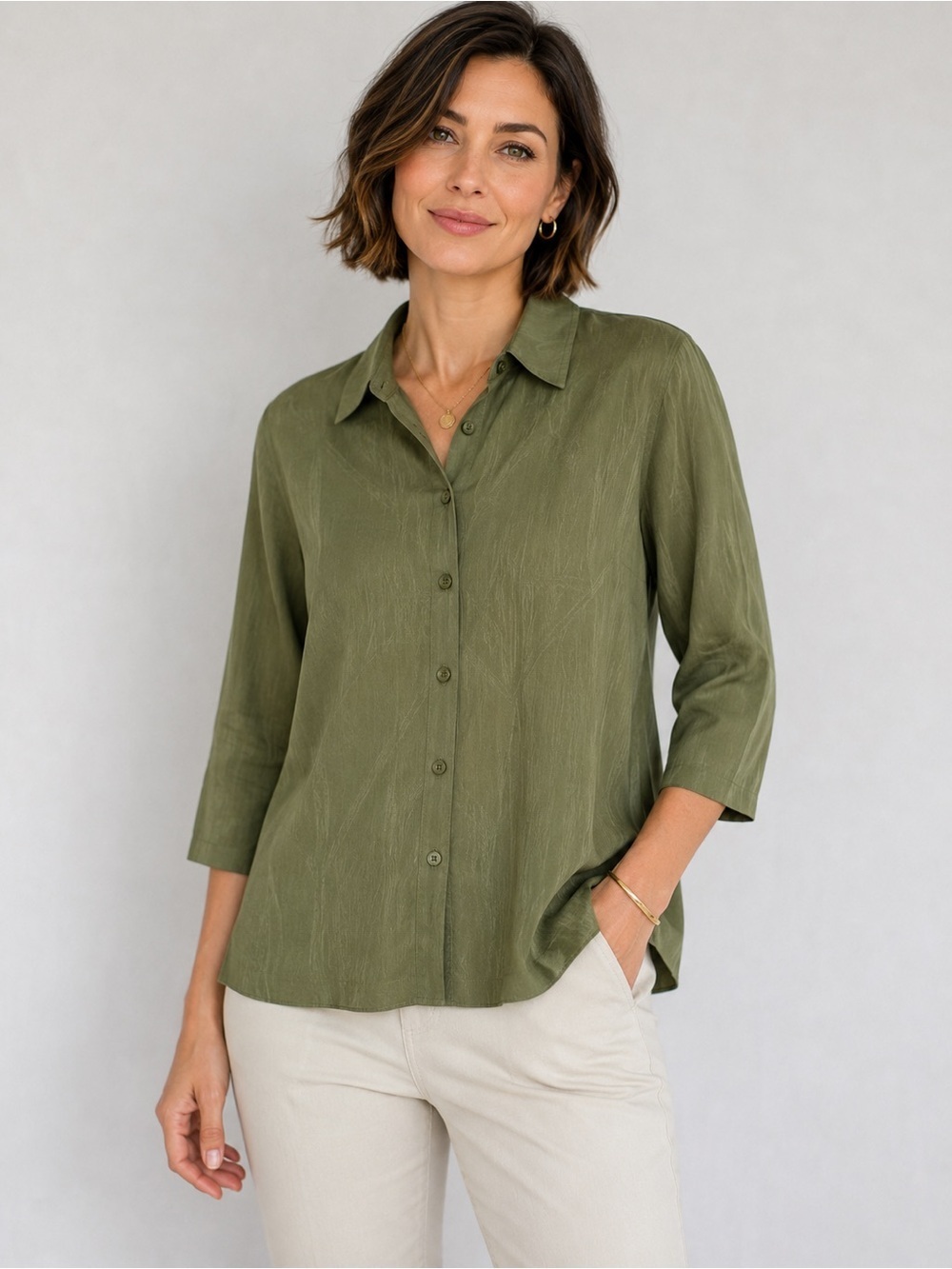 Christina HOPE Vintage Green 100% Silk Button Down Shirt 3/4 Sleeve